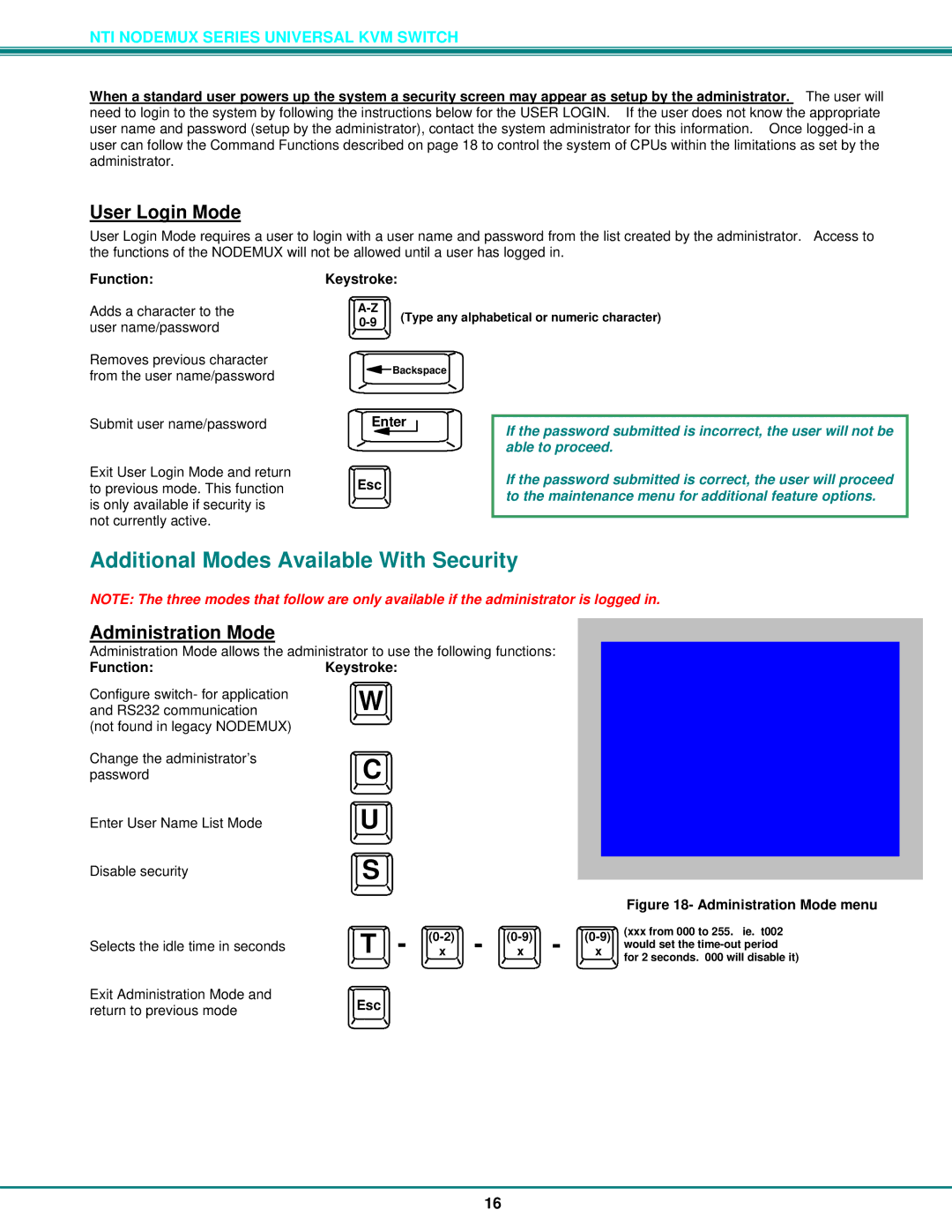 Network Technologies ST-xU operation manual Additional Modes Available With Security, User Login Mode, Administration Mode 