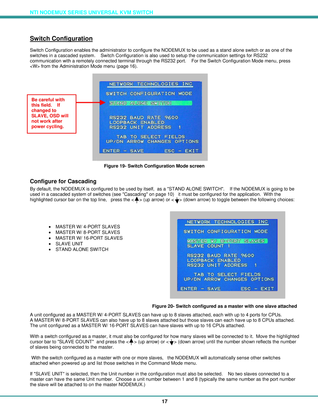 Network Technologies ST-xU operation manual Switch Configuration, Configure for Cascading 