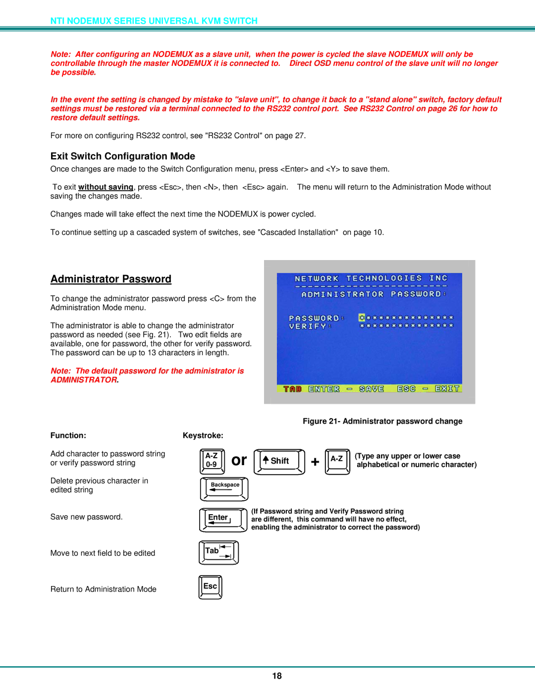 Network Technologies ST-xU operation manual Administrator Password, Exit Switch Configuration Mode, Tab 