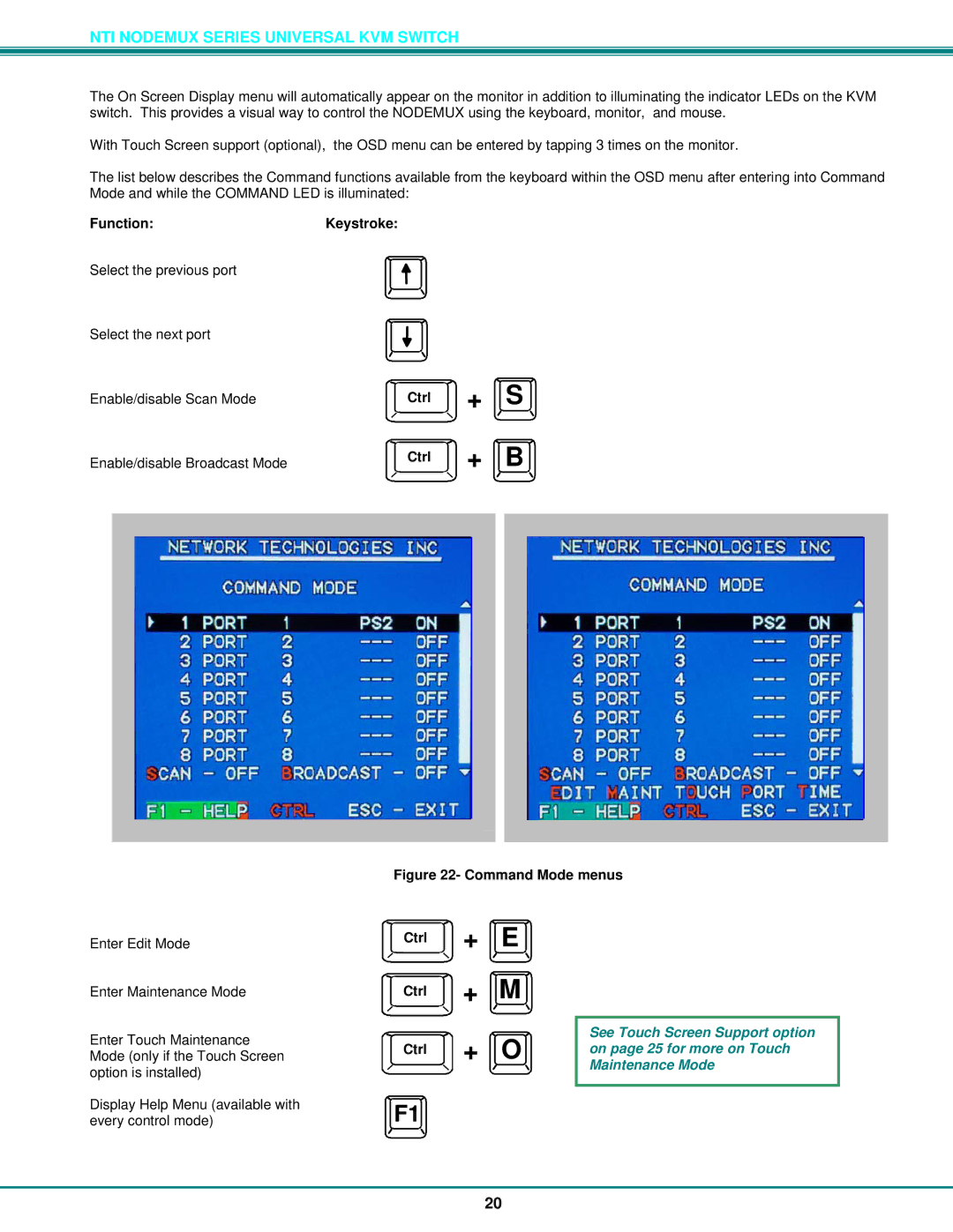 Network Technologies ST-xU operation manual Command Mode menus, Ctrl + E Ctrl + M Ctrl + O 