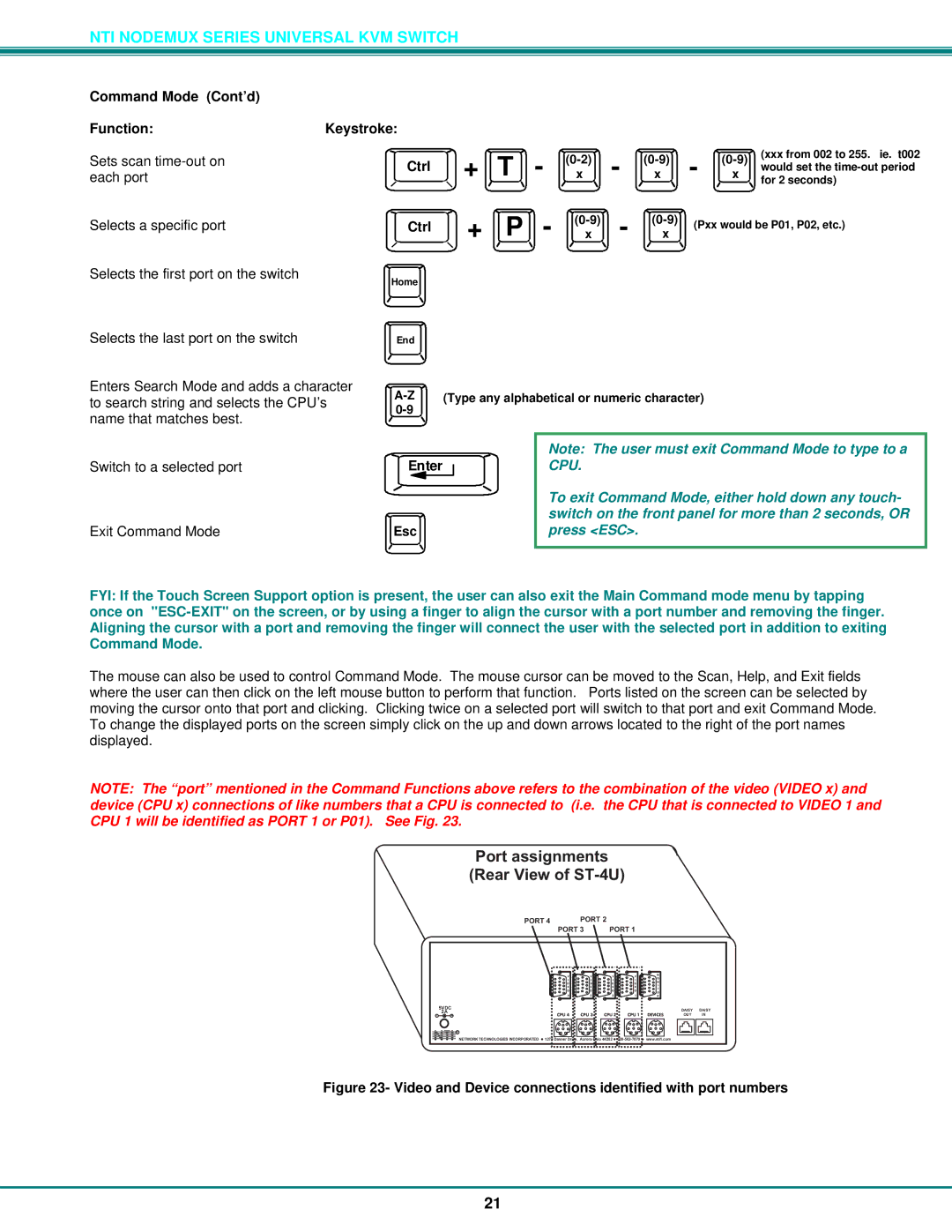 Network Technologies ST-xU operation manual Command Mode Cont’d FunctionKeystroke 