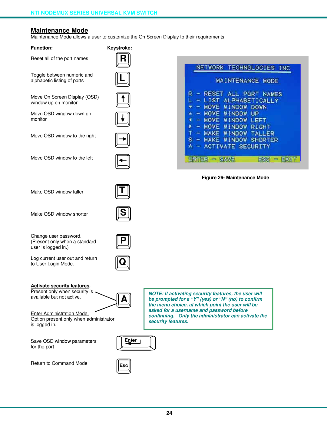 Network Technologies ST-xU operation manual Maintenance Mode, Activate security features 