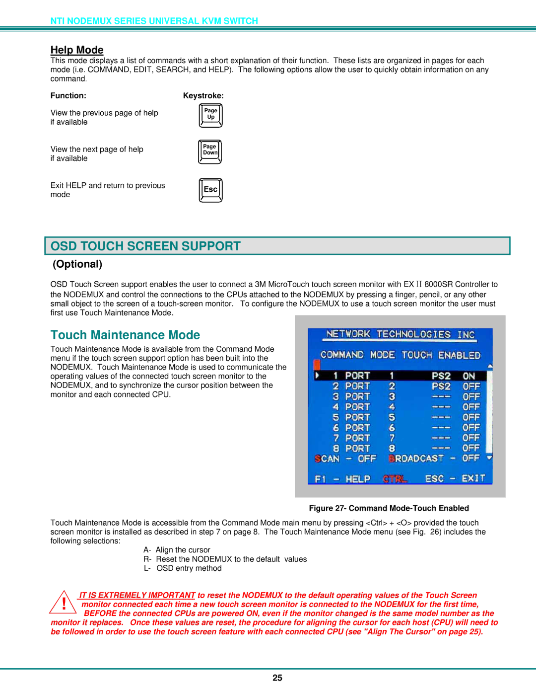 Network Technologies ST-xU operation manual OSD Touch Screen Support, Touch Maintenance Mode, Help Mode 