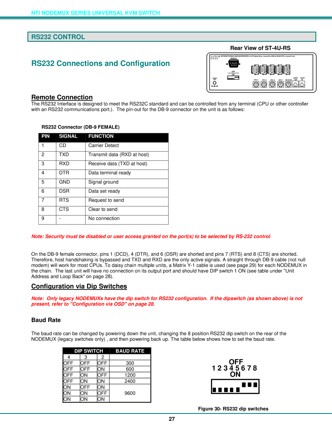 Network Technologies ST-xU RS232 Connections and Configuration, Remote Connection, Configuration via Dip Switches 