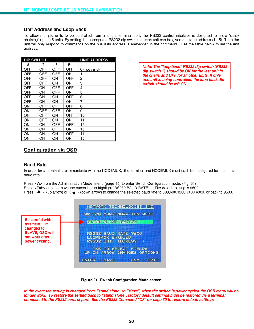 Network Technologies ST-xU operation manual Configuration via OSD, Unit Address and Loop Back 