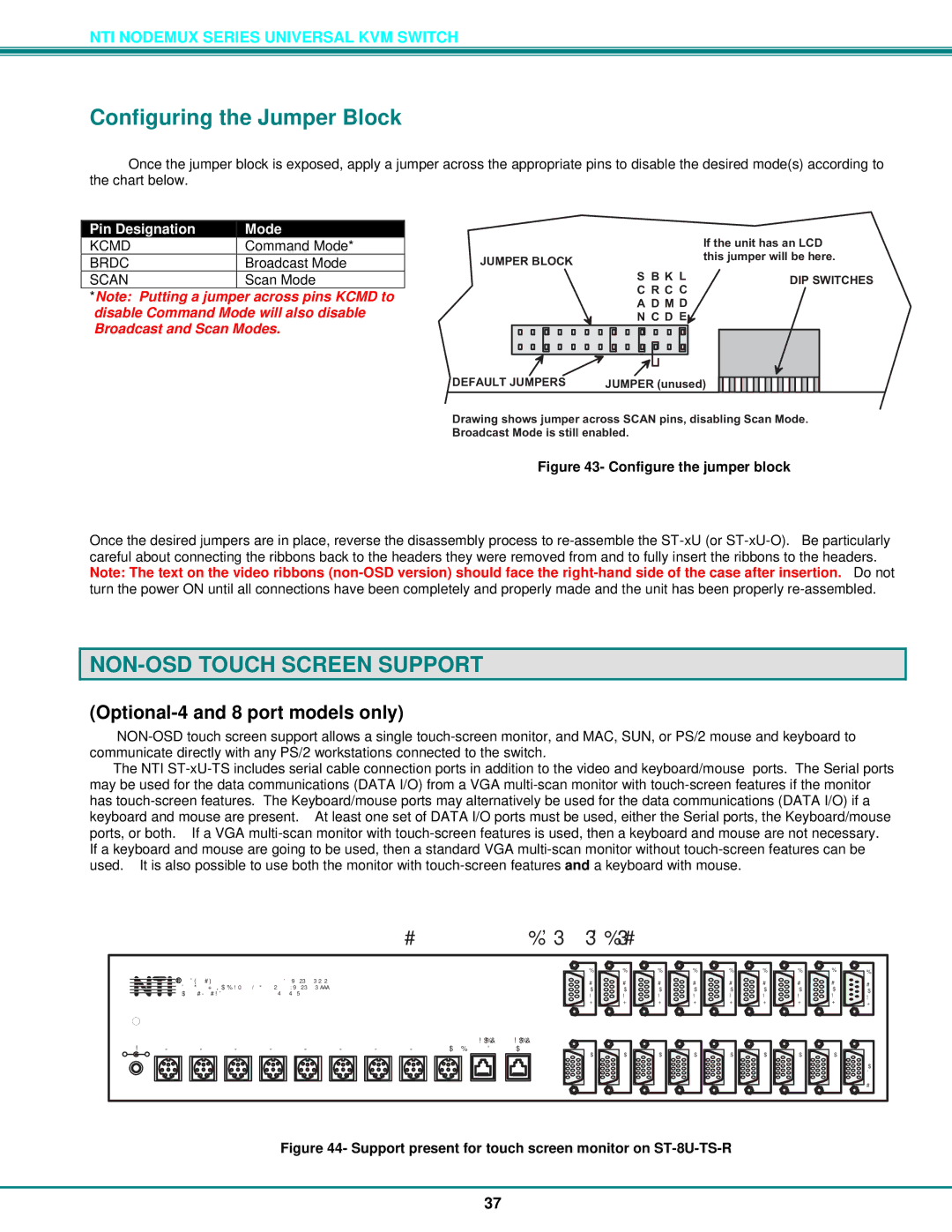 Network Technologies ST-xU Configuring the Jumper Block, NON-OSD Touch Screen Support, Optional-4 and 8 port models only 