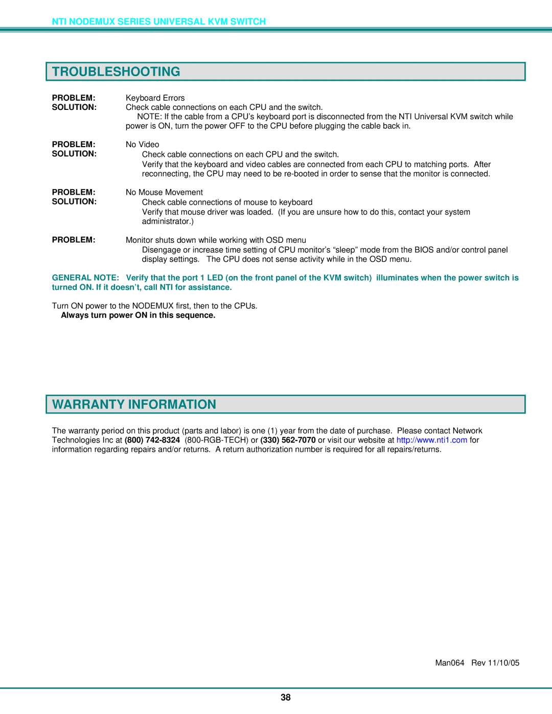 Network Technologies ST-xU operation manual Troubleshooting, Warranty Information, Always turn power on in this sequence 