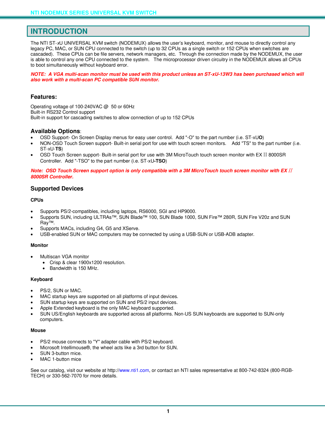 Network Technologies ST-xU operation manual Introduction, Features, Available Options, Supported Devices 