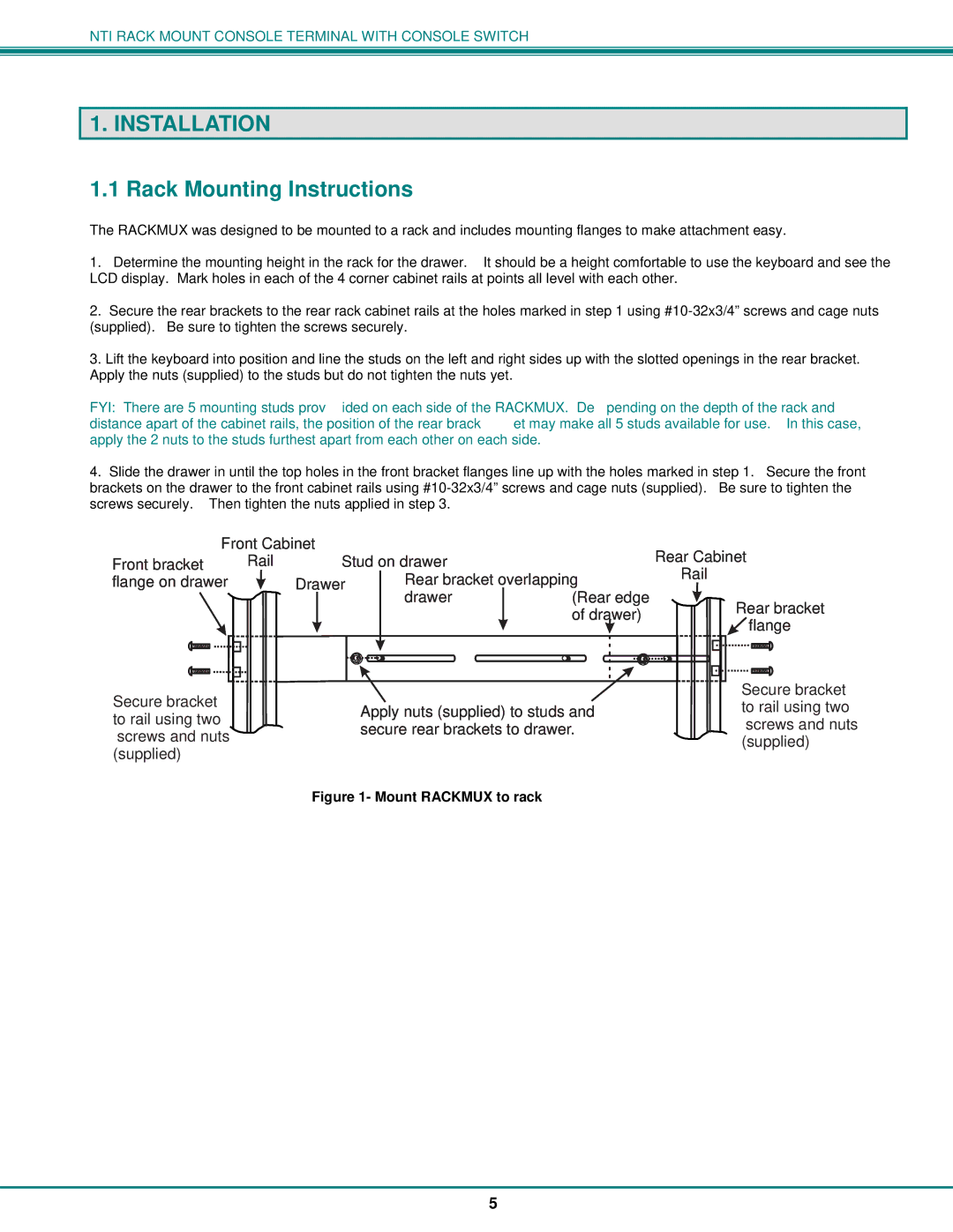 Network Technologies T15-RS16, 8 operation manual Installation, Rack Mounting Instructions 