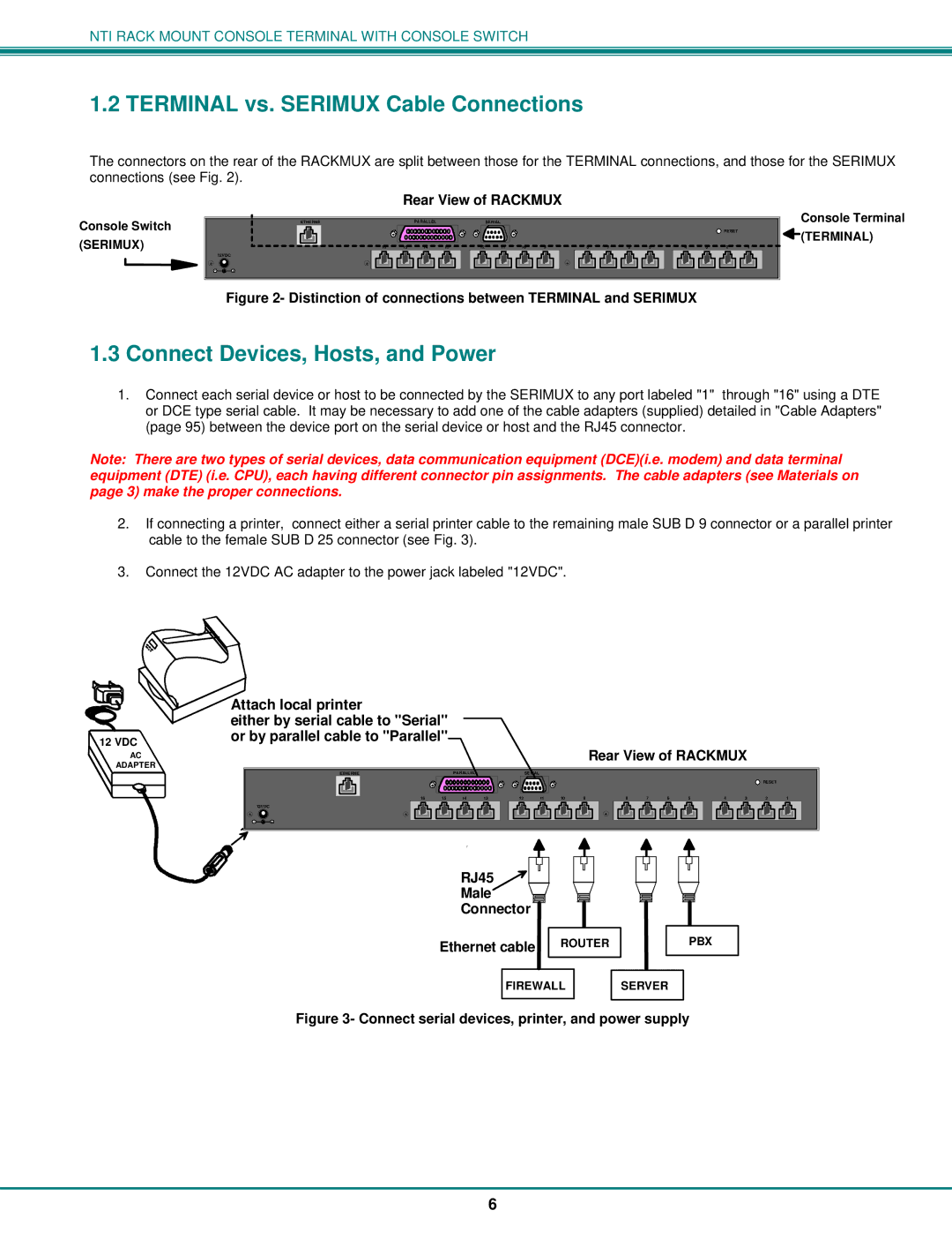 Network Technologies 8, T15-RS16 operation manual Terminal vs. Serimux Cable Connections, Connect Devices, Hosts, and Power 