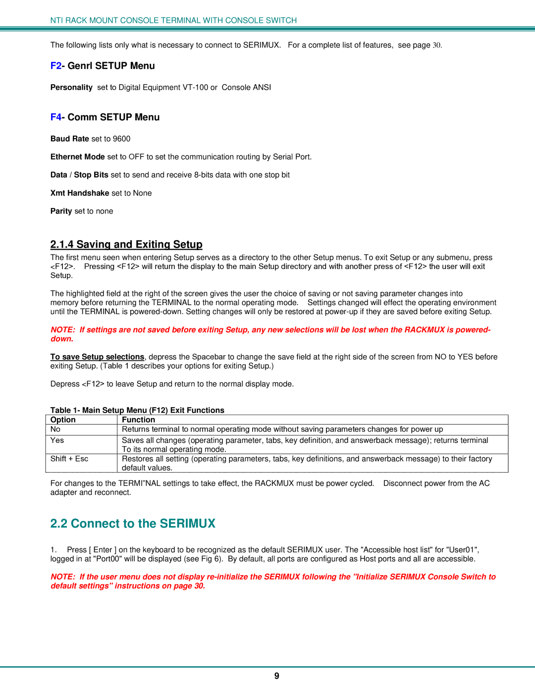 Network Technologies T15-RS16 Connect to the Serimux, Saving and Exiting Setup, F2- Genrl Setup Menu, F4- Comm Setup Menu 