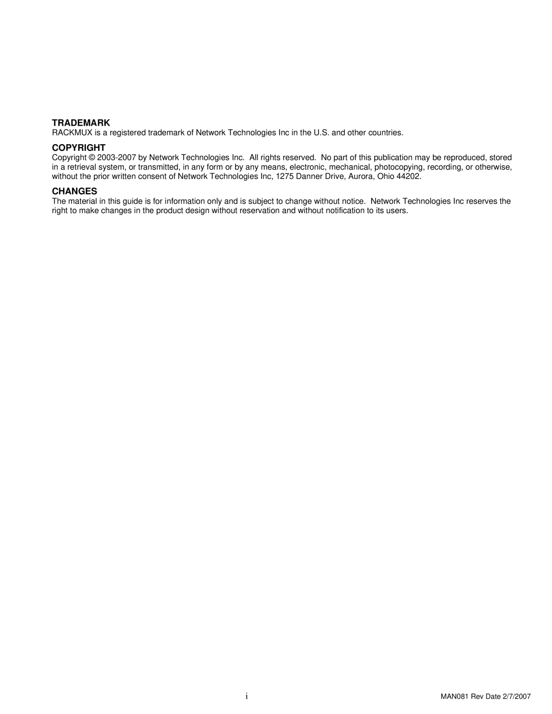 Network Technologies T15-RS16, 8 operation manual Trademark 