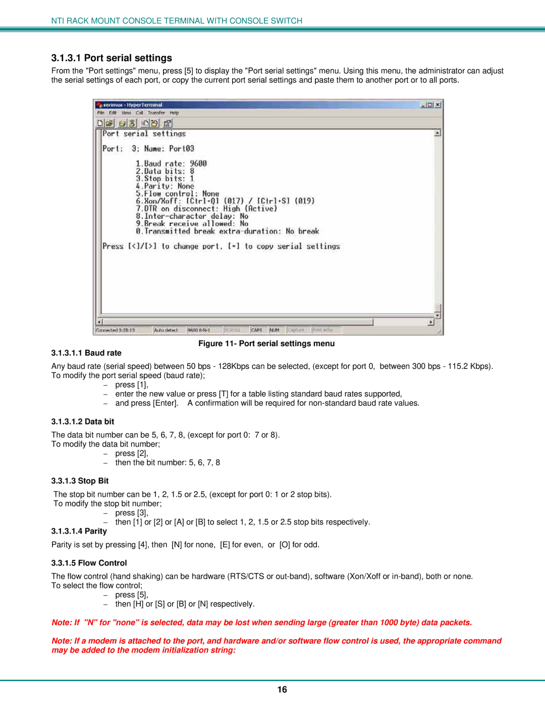 Network Technologies 8, T15-RS16 operation manual Port serial settings, Data bit, Stop Bit, Parity, Flow Control 