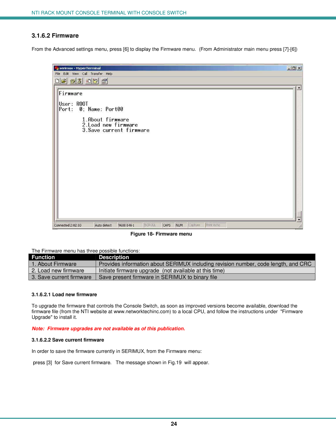 Network Technologies 8, T15-RS16 operation manual Firmware, Load new firmware Save current firmware 