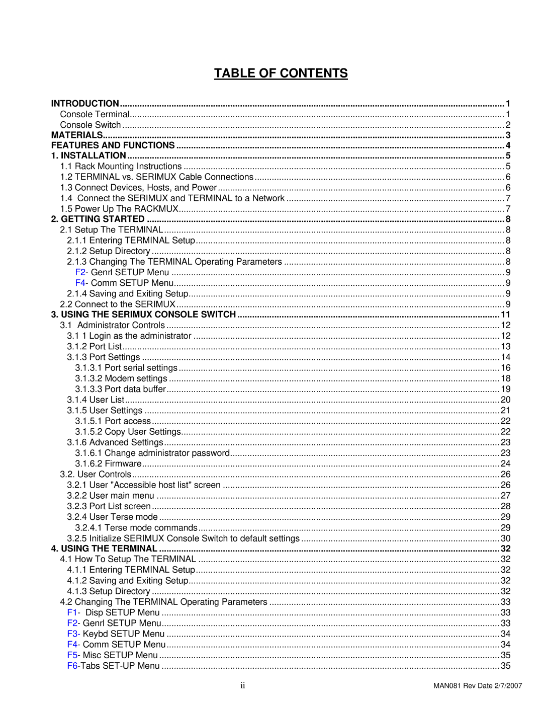 Network Technologies 8, T15-RS16 operation manual Table of Contents 