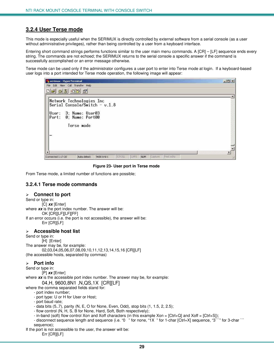 Network Technologies T15-RS16 User Terse mode, Terse mode commands ¾ Connect to port, ¾ Accessible host list, ¾ Port info 