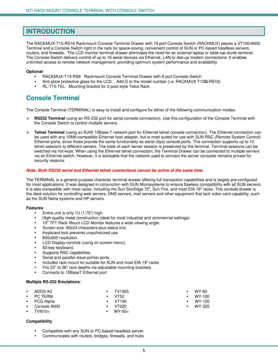 Network Technologies T15-RS16, 8 operation manual Introduction, Console Terminal 