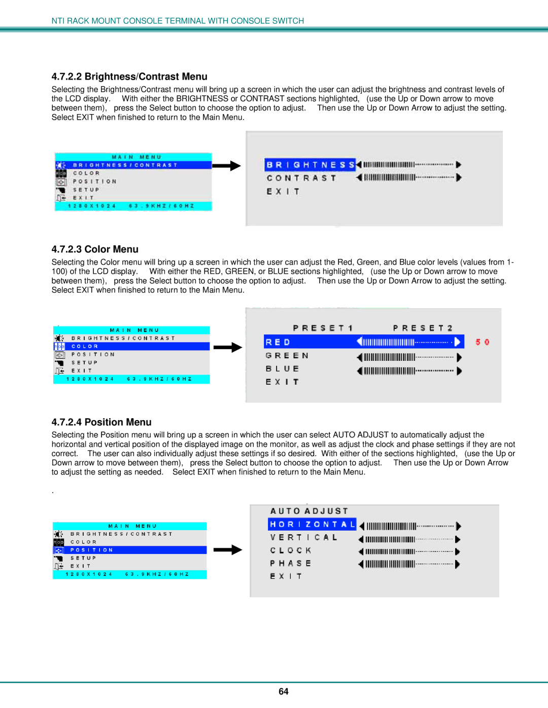 Network Technologies 8, T15-RS16 operation manual Brightness/Contrast Menu, Color Menu, Position Menu 