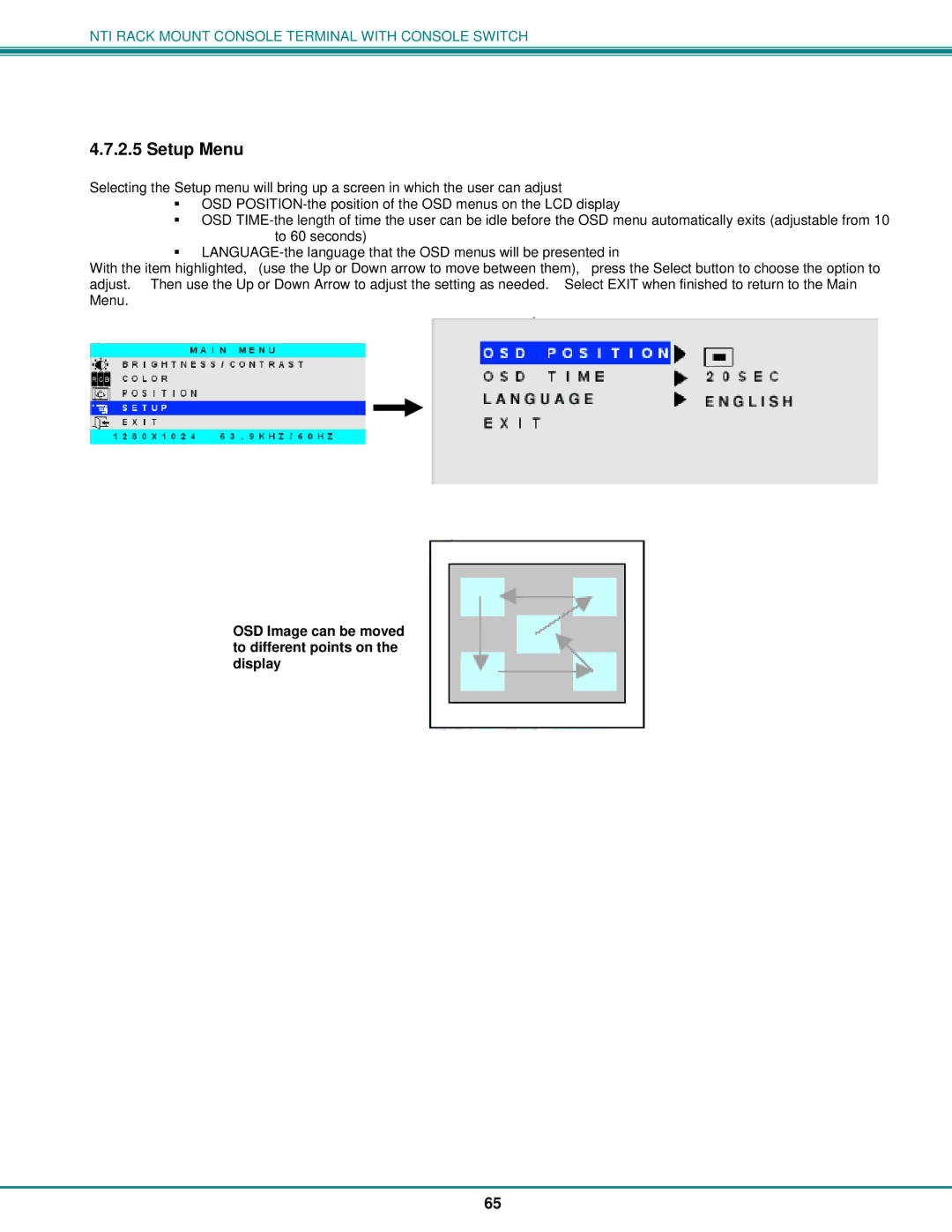 Network Technologies T15-RS16, 8 operation manual Setup Menu, OSD Image can be moved to different points on the display 