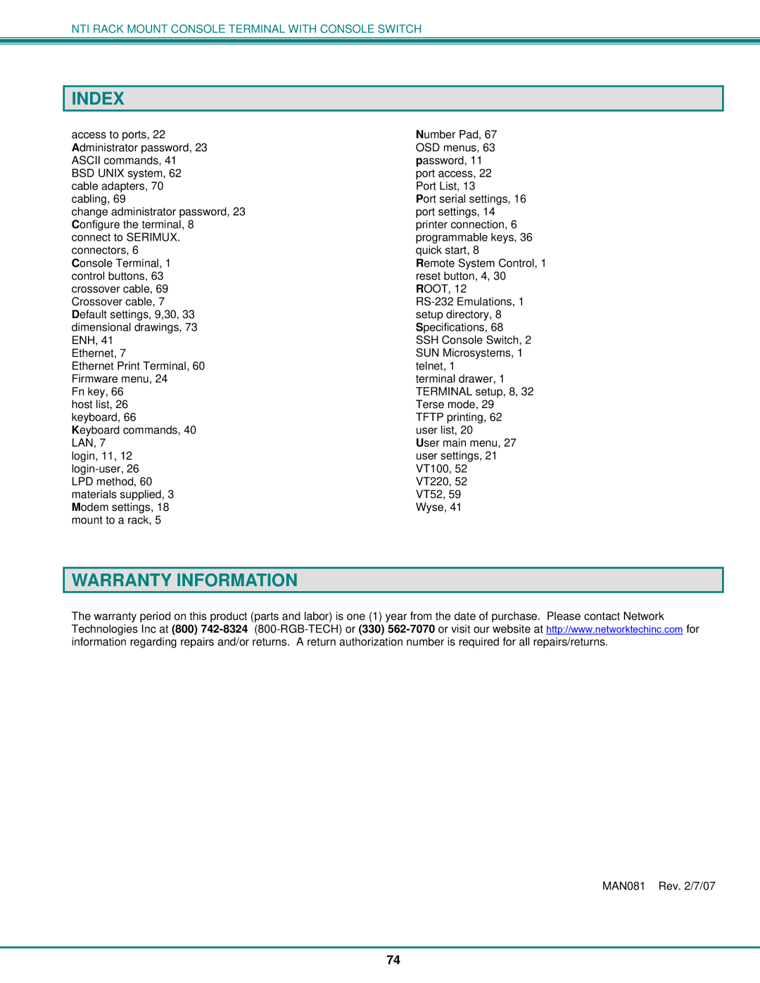 Network Technologies 8, T15-RS16 operation manual Index, Warranty Information 