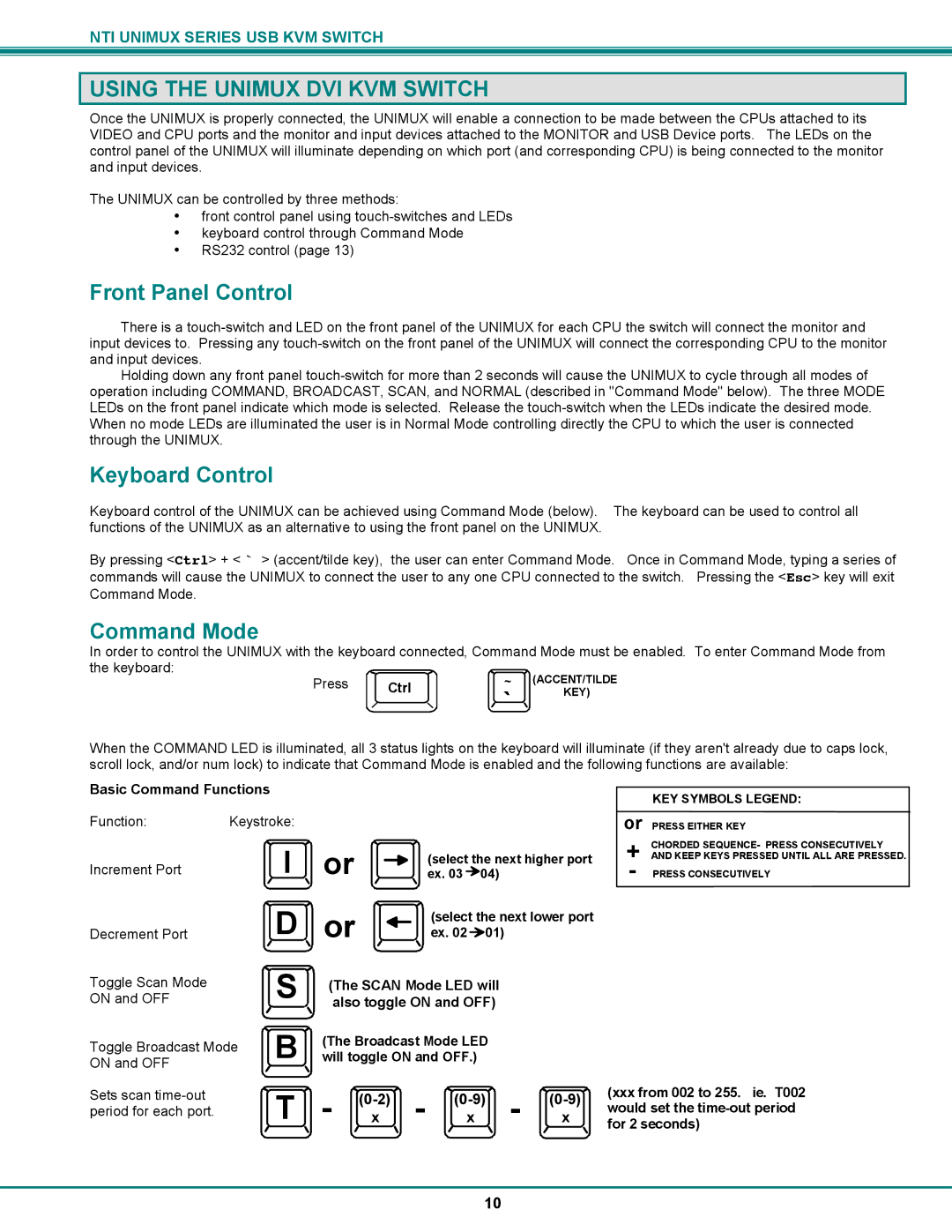 Network Technologies UNIMUX-DVI-xHD Using the Unimux DVI KVM Switch, Front Panel Control, Keyboard Control, Command Mode 