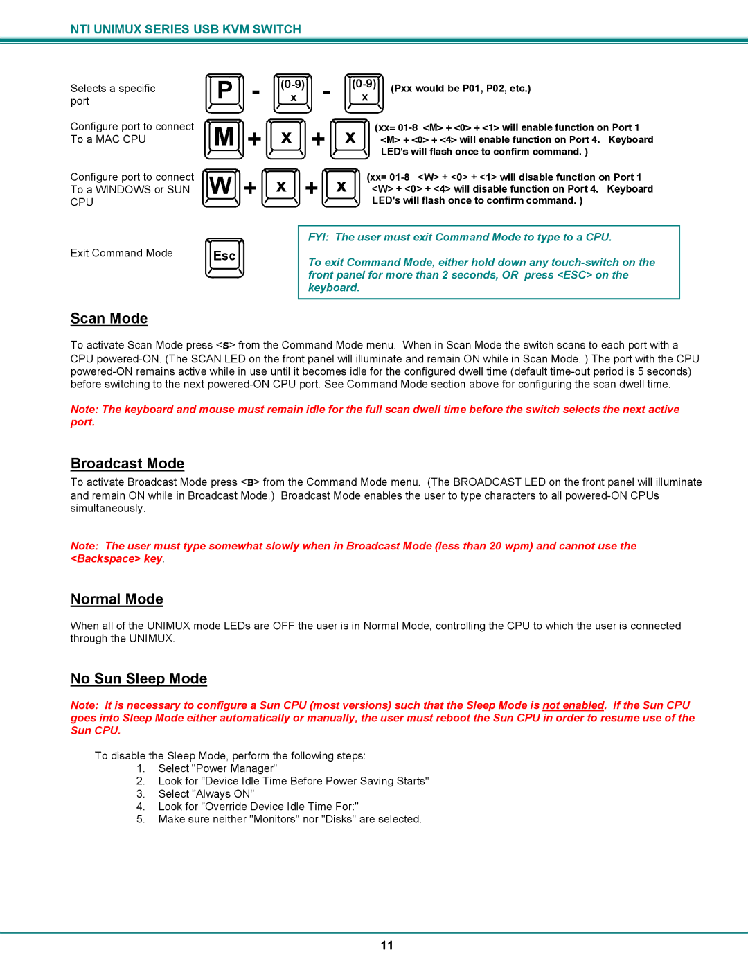 Network Technologies UNIMUX-DVI-xHD operation manual Scan Mode, Broadcast Mode, Normal Mode, No Sun Sleep Mode 