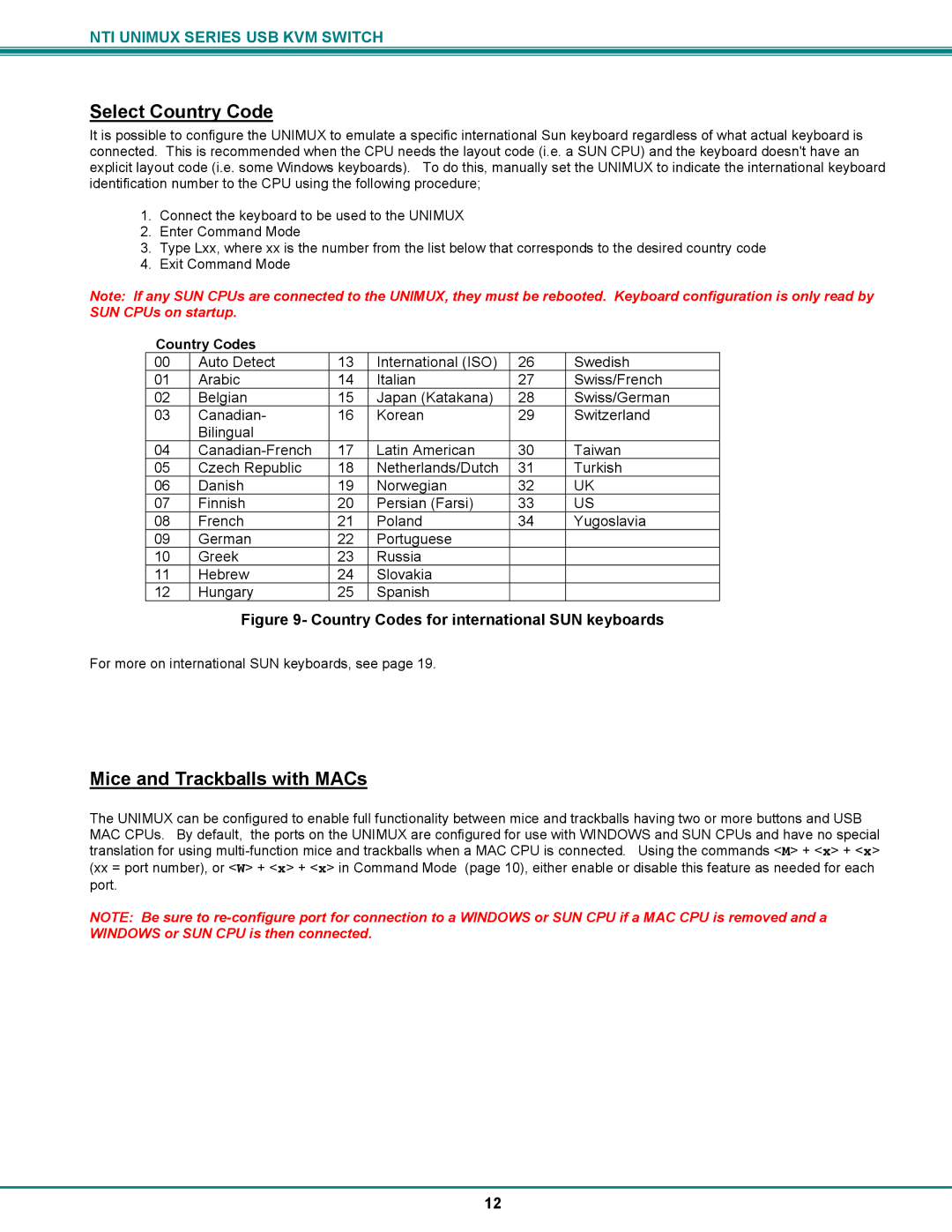 Network Technologies UNIMUX-DVI-xHD operation manual Select Country Code, Mice and Trackballs with MACs, Country Codes 