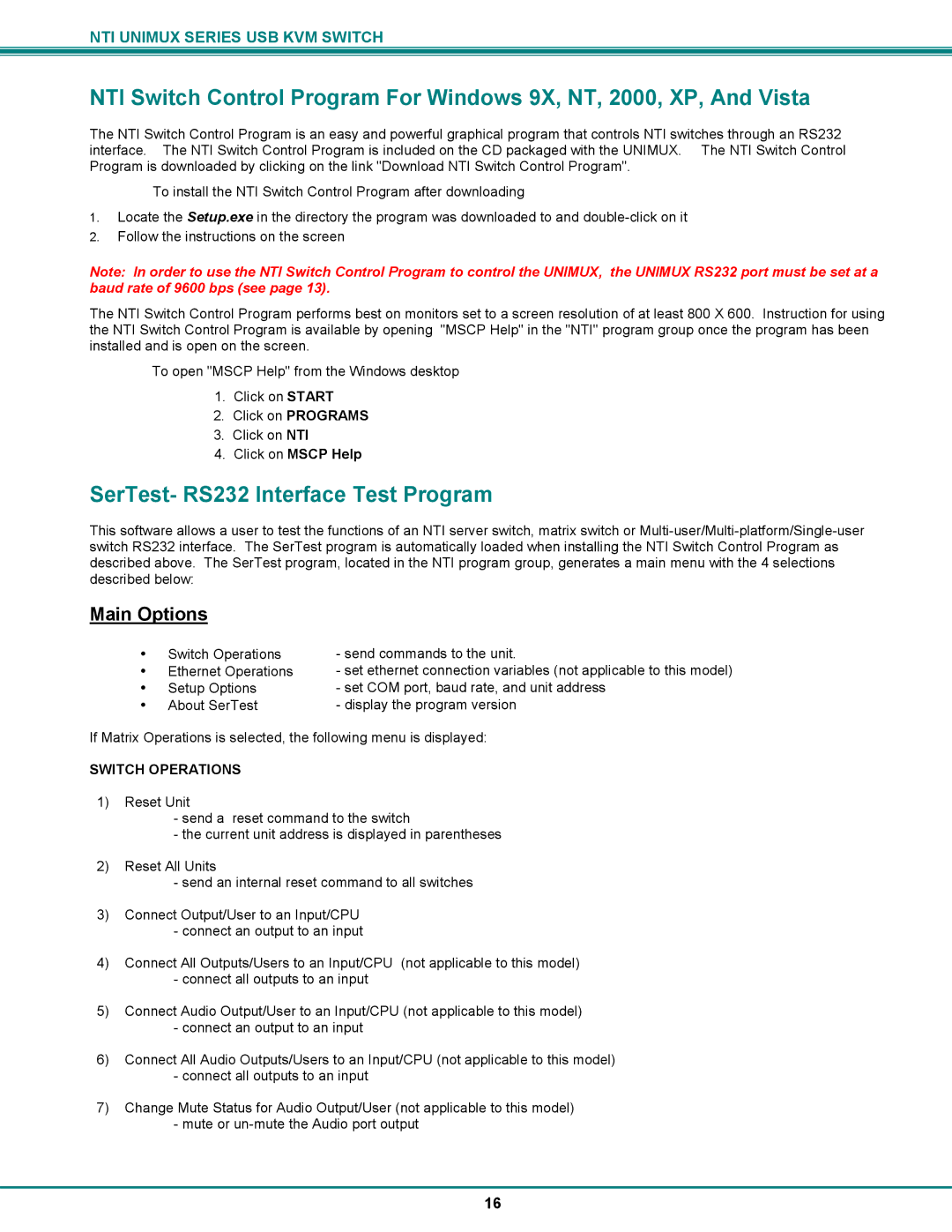 Network Technologies UNIMUX-DVI-xHD operation manual SerTest- RS232 Interface Test Program, Main Options 