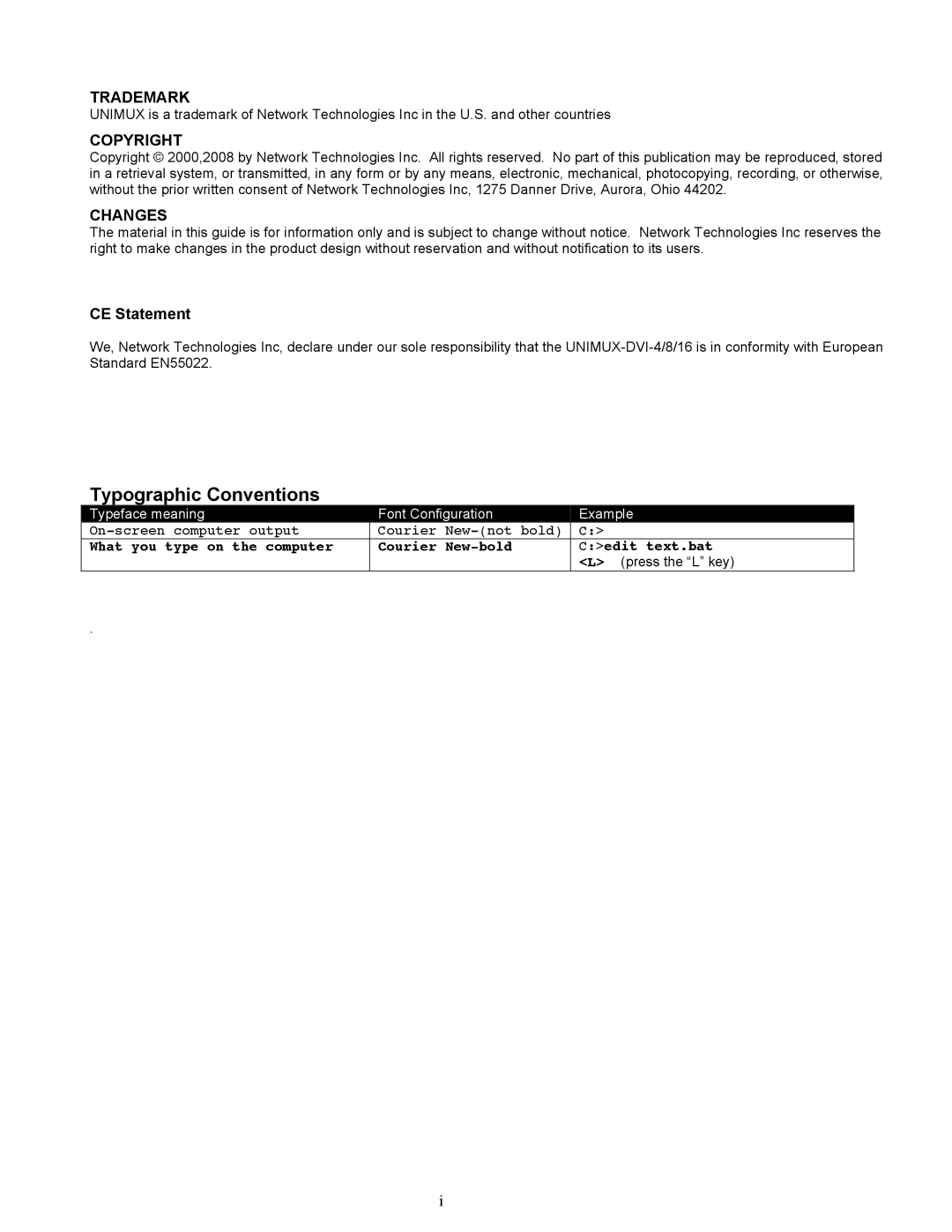 Network Technologies UNIMUX-DVI-xHD operation manual Typographic Conventions, CE Statement 