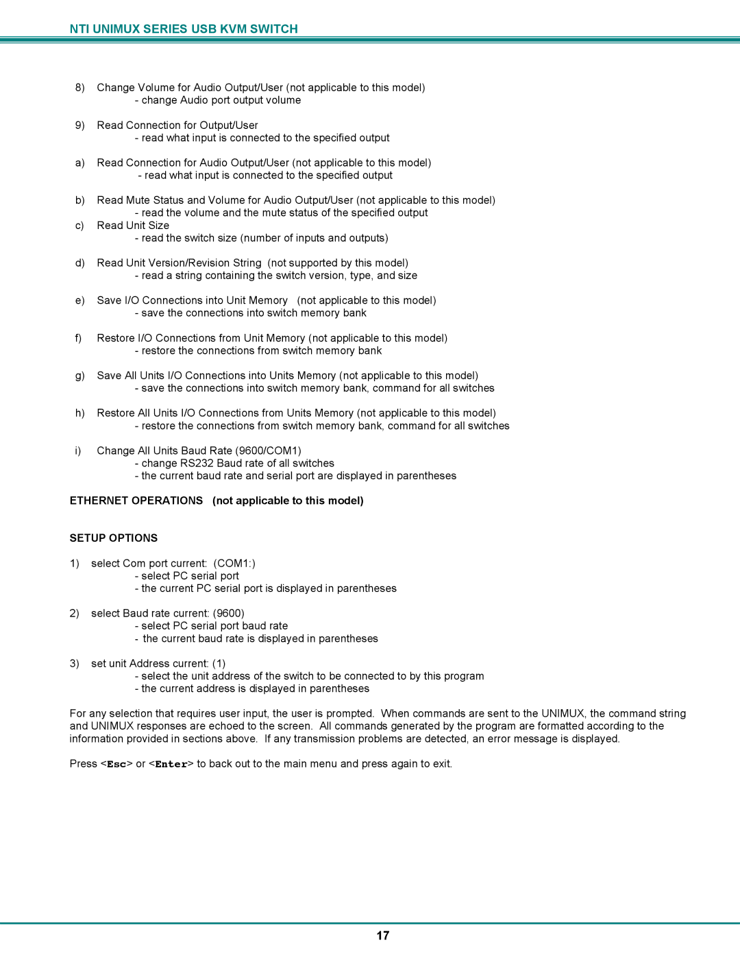 Network Technologies UNIMUX-DVI-xHD operation manual Ethernet Operations not applicable to this model, Setup Options 