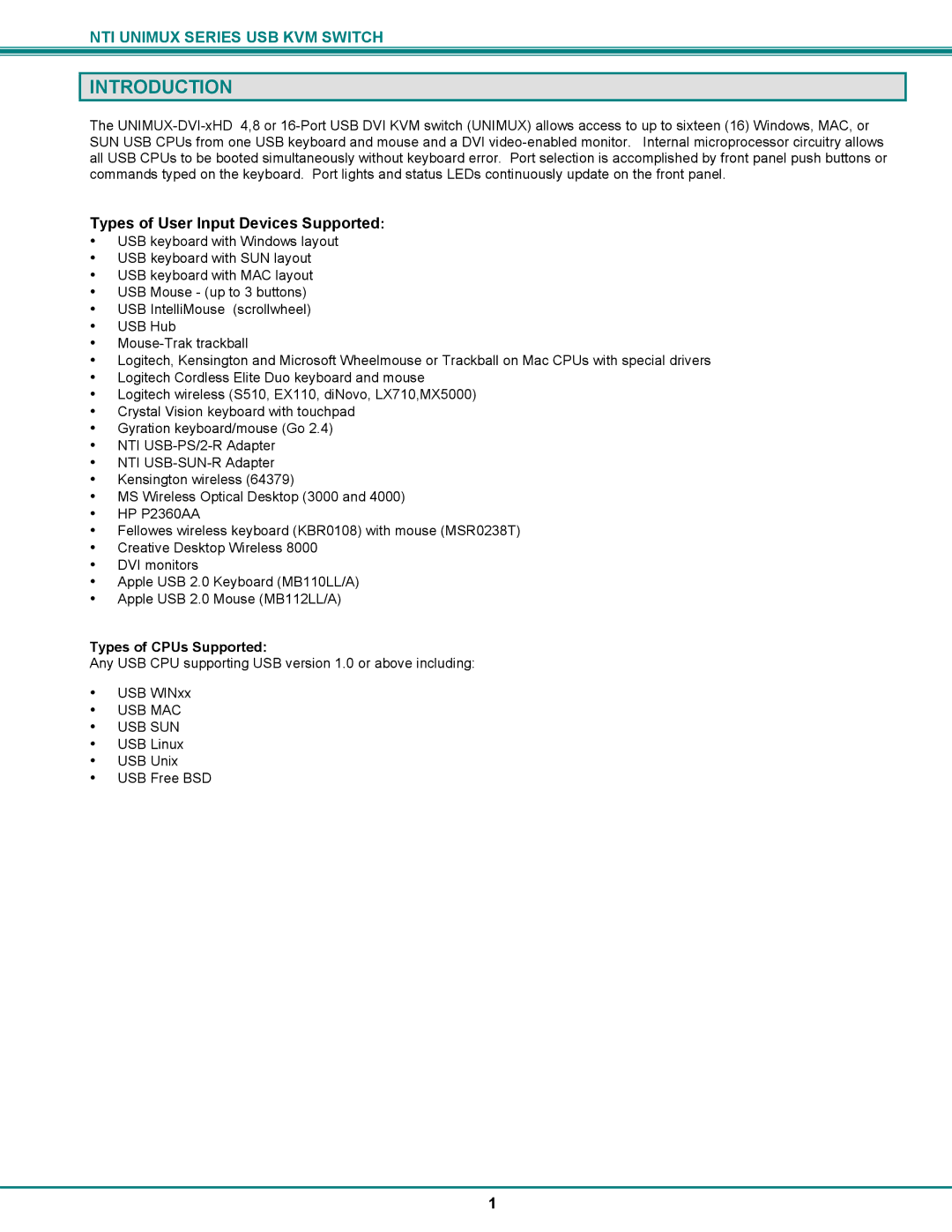 Network Technologies UNIMUX-DVI-xHD Introduction, Types of User Input Devices Supported, Types of CPUs Supported 