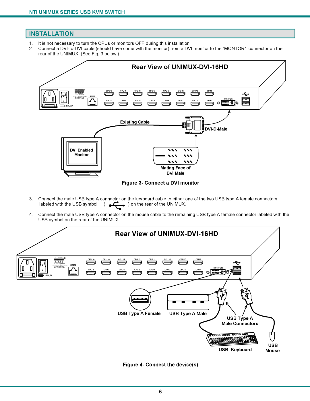 Network Technologies UNIMUX-DVI-xHD operation manual Installation, Rear View of UNIMUX-DVI-16HD, Mouse 