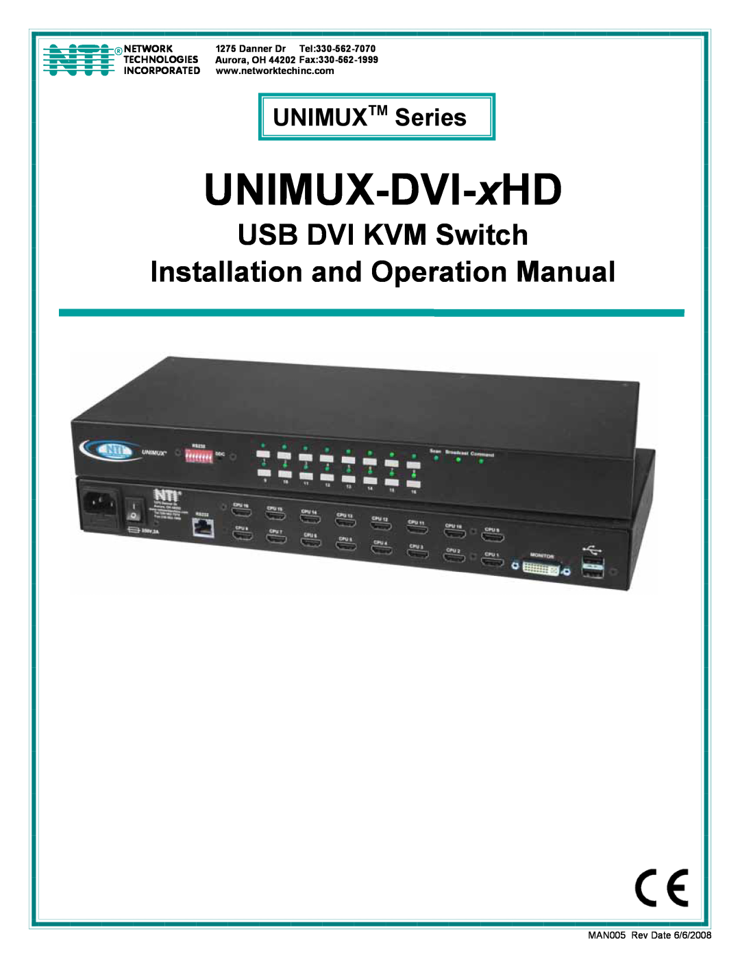 Network Technologies UNIMUX-DVI-xHD operation manual UNIMUXTM Series, USB DVI KVM Switch, Danner Dr Tel330-562-7070 