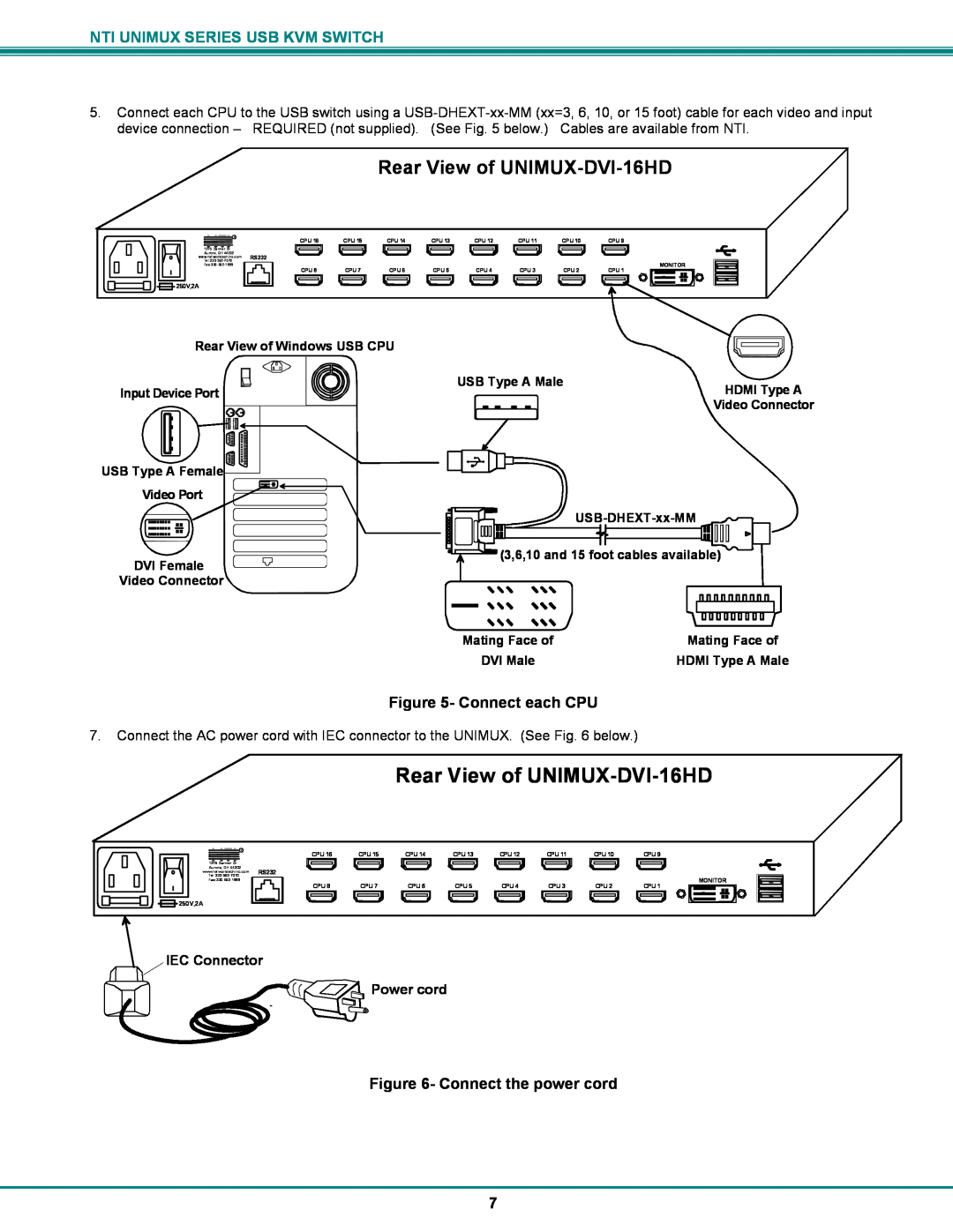 Network Technologies UNIMUX-DVI-xHD operation manual Connect each CPU, Connect the power cord, Rear View of UNIMUX-DVI-16HD 