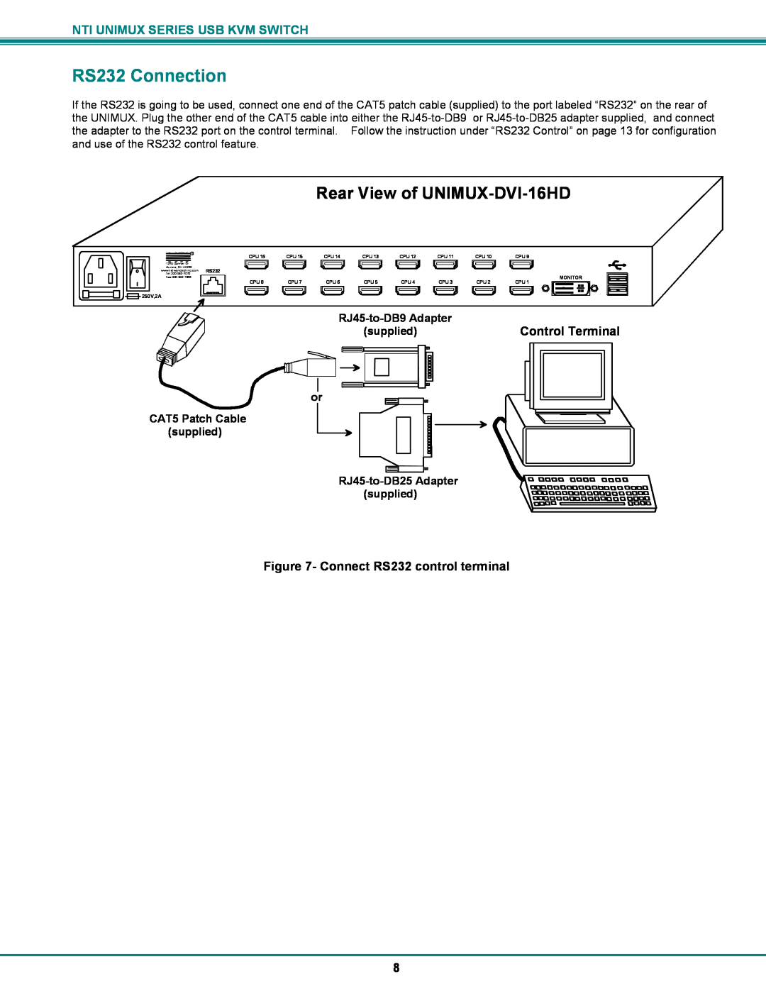 Network Technologies UNIMUX-DVI-xHD RS232 Connection, Connect RS232 control terminal, Rear View of UNIMUX-DVI-16HD 