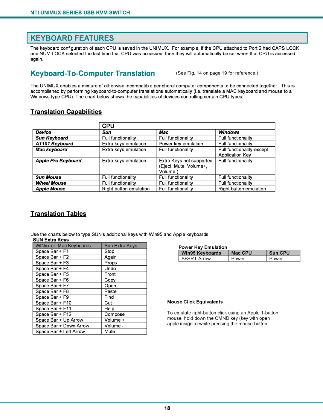 Network Technologies UNIMUX-DVI-xHD Keyboard Features, Keyboard-To-Computer Translation, Translation Capabilities 