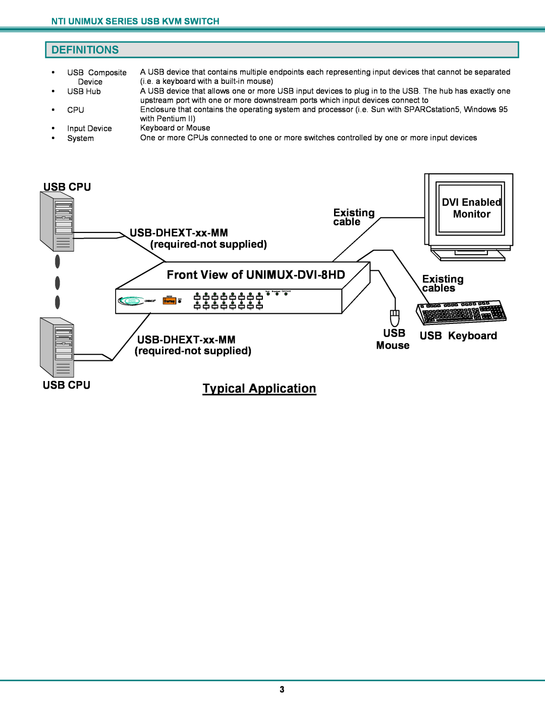 Network Technologies UNIMUX-DVI-xHD Front View of UNIMUX-DVI-8HD, Definitions, Existing, cables, USB-DHEXT-xx-MM, Mouse 