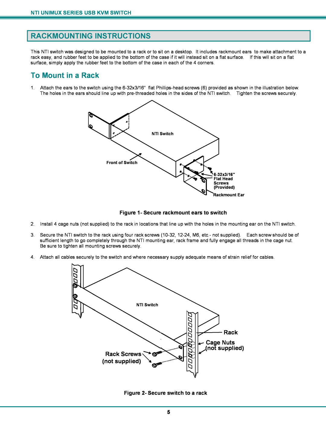Network Technologies UNIMUX-DVI-xHD Rackmounting Instructions, To Mount in a Rack, Secure rackmount ears to switch 
