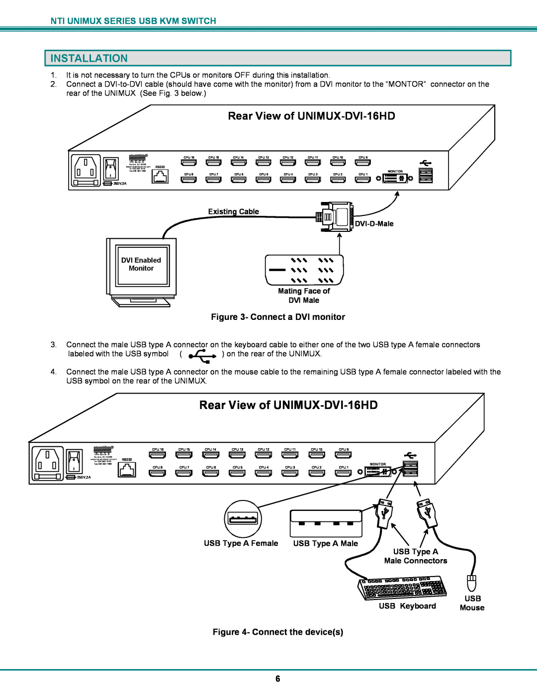Network Technologies UNIMUX-DVI-xHD Installation, Rear View of UNIMUX-DVI-16HD, Connect a DVI monitor, Connect the devices 