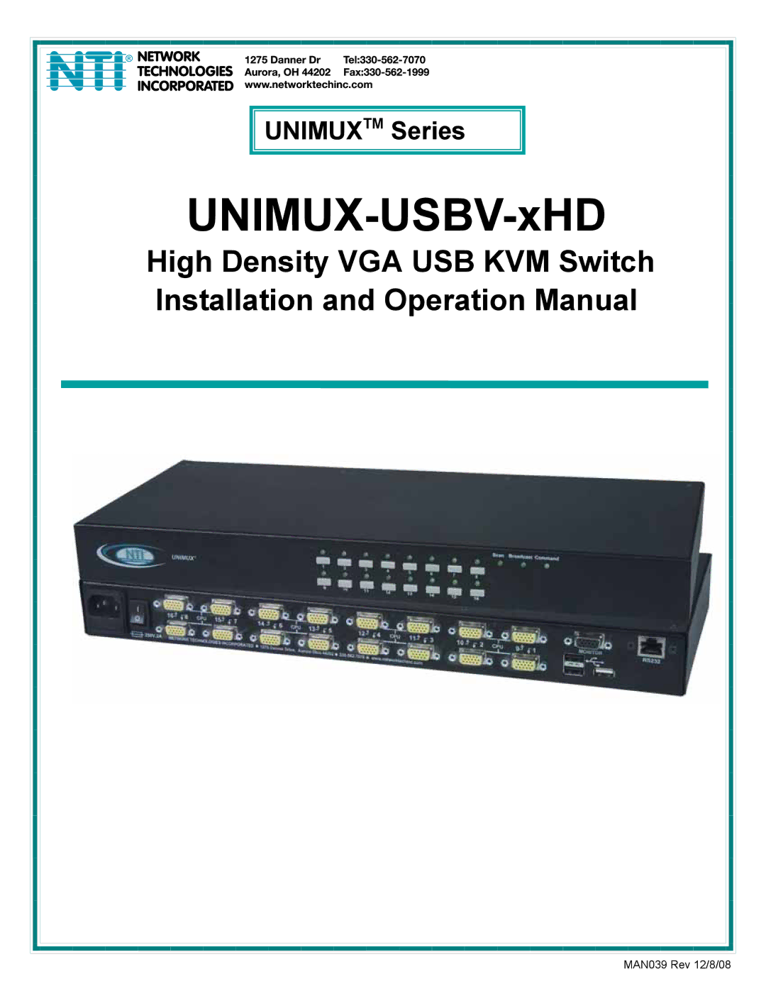 Network Technologies UNIMUXUSBVXHD operation manual UNIMUX-USBV-xHD 