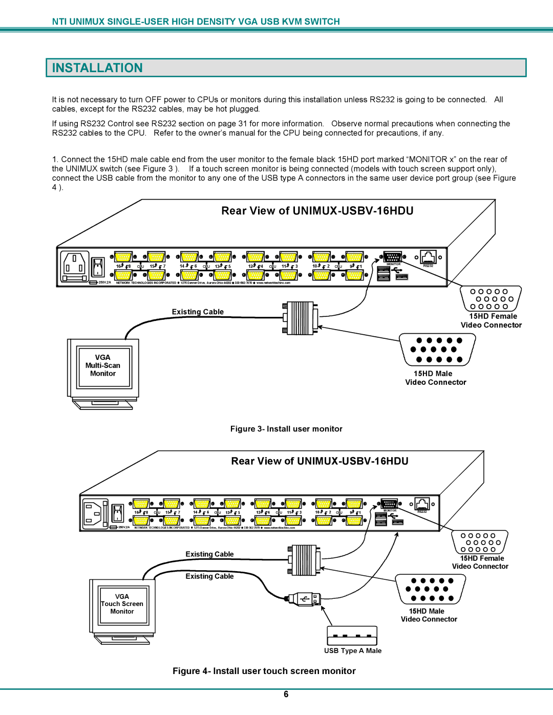 Network Technologies UNIMUXUSBVXHD operation manual Installation, Rear View of UNIMUX-USBV-16HDU 