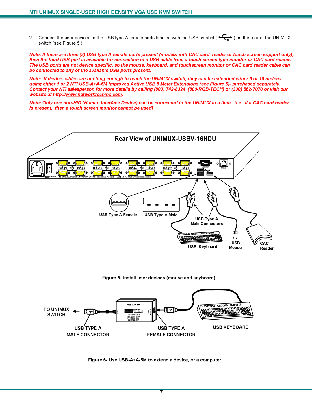 Network Technologies UNIMUXUSBVXHD operation manual USB Type a USB Keyboard Female Connector 