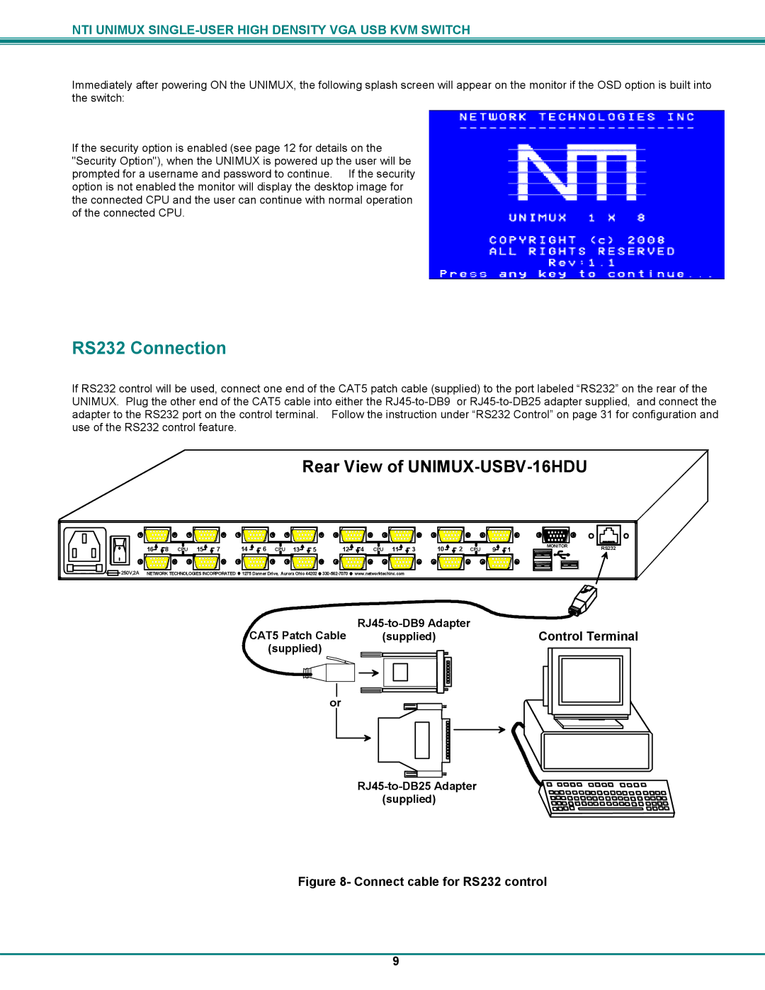 Network Technologies UNIMUXUSBVXHD operation manual RS232 Connection, Rear View of UNIMUX-USBV-16HDU 