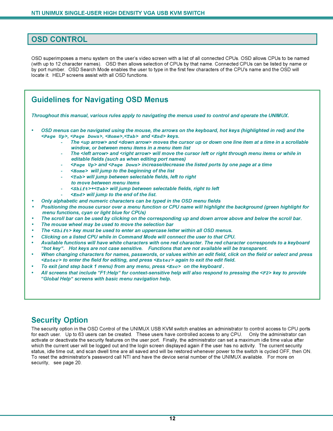 Network Technologies UNIMUXUSBVXHD operation manual OSD Control, Guidelines for Navigating OSD Menus, Security Option 