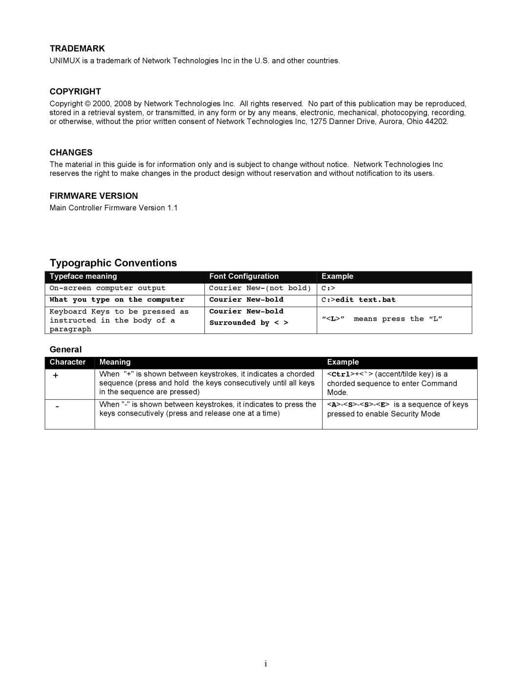 Network Technologies UNIMUXUSBVXHD operation manual Typographic Conventions, Copyright 