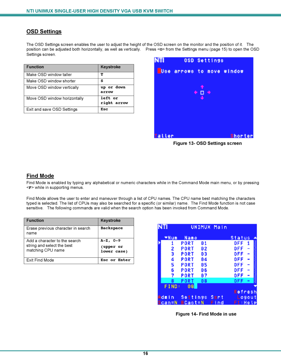 Network Technologies UNIMUXUSBVXHD operation manual OSD Settings, Find Mode 