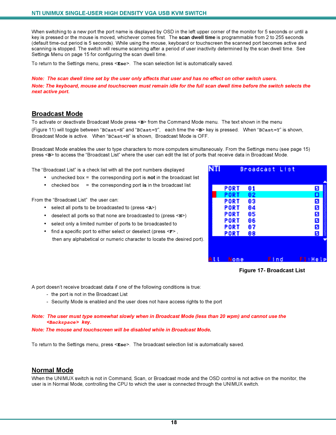 Network Technologies UNIMUXUSBVXHD operation manual Broadcast Mode, Normal Mode 