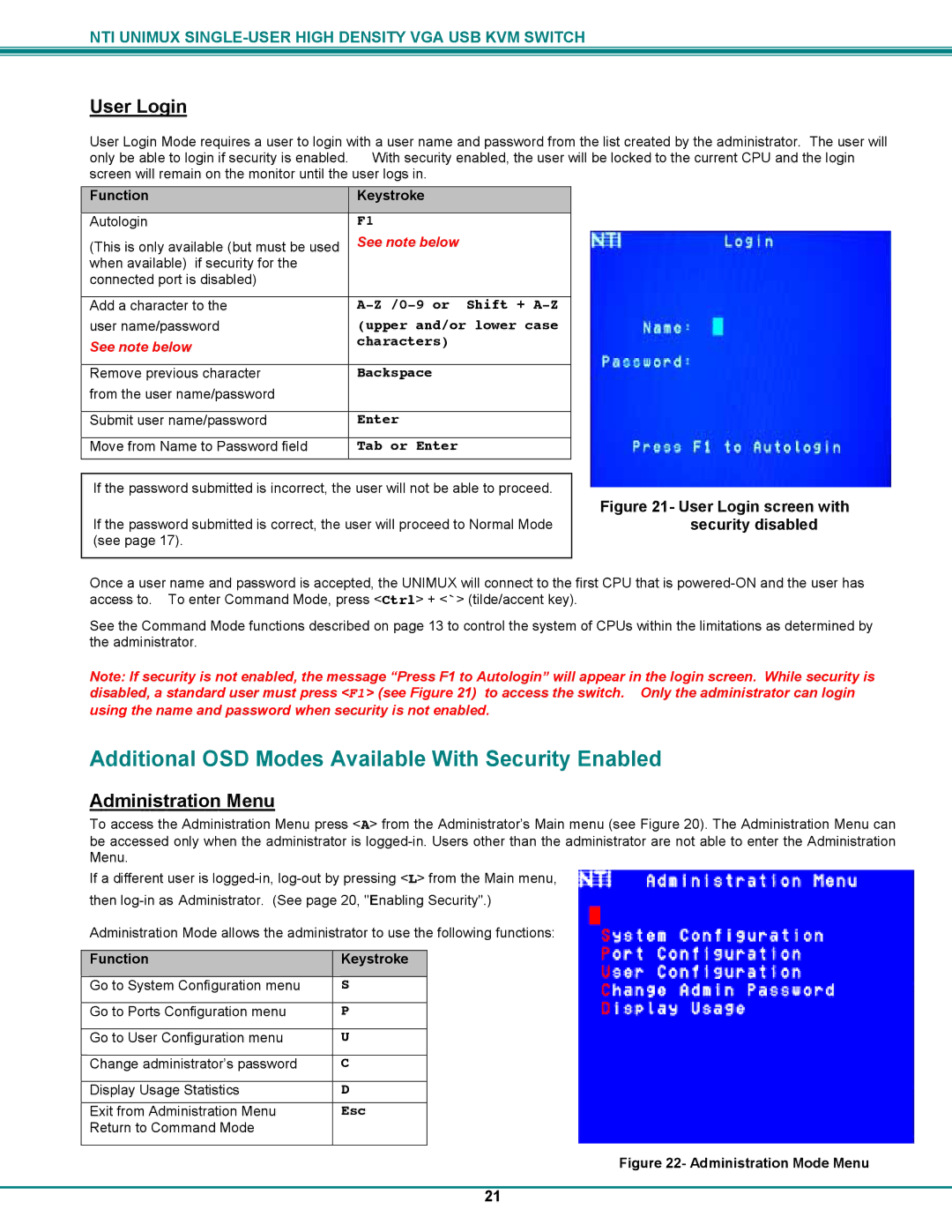 Network Technologies UNIMUXUSBVXHD Additional OSD Modes Available With Security Enabled, User Login, Administration Menu 