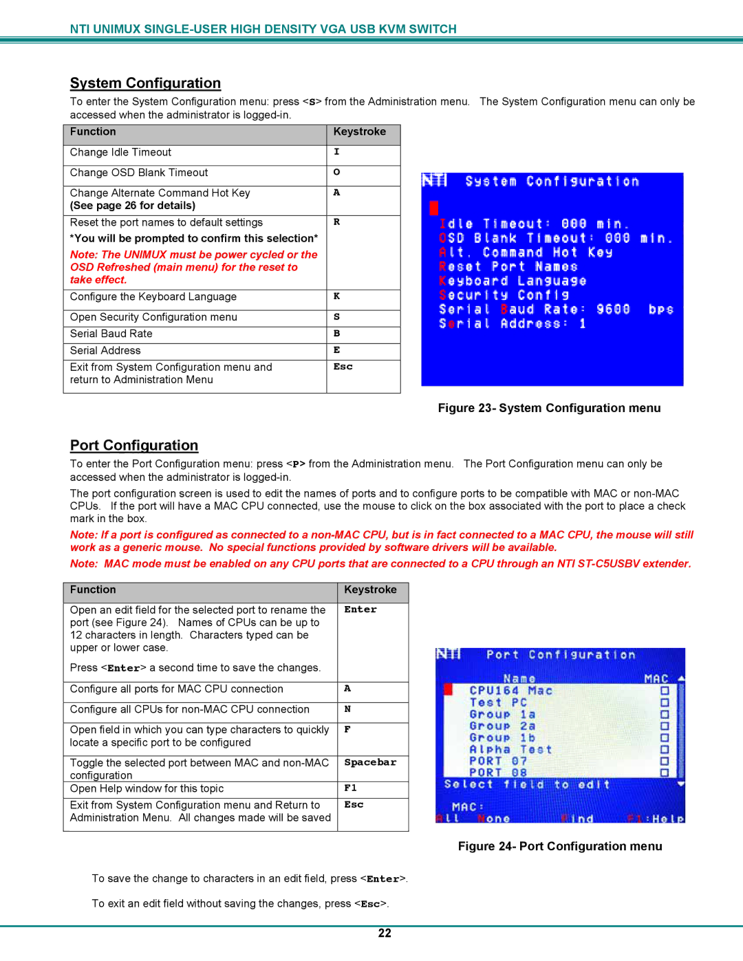 Network Technologies UNIMUXUSBVXHD operation manual System Configuration, Port Configuration 