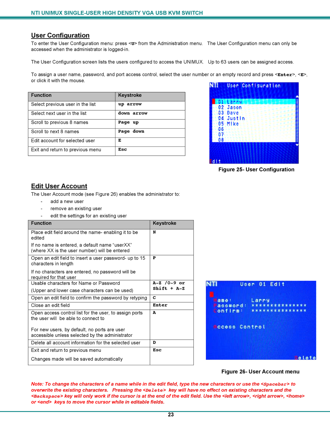 Network Technologies UNIMUXUSBVXHD operation manual User Configuration, Edit User Account 